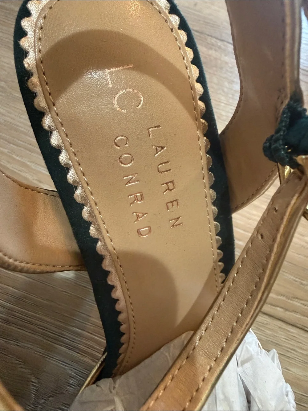 Teal & Black Strappy High Block Heel Sandals with Gold Trim